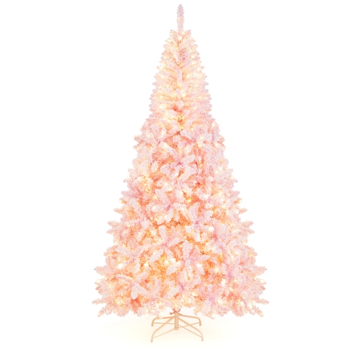 Costway 7.5FT Pre-Lit Snow Flocked Pink Christmas Tree 1100 Tips w/ 450 Lights & 8 Modes