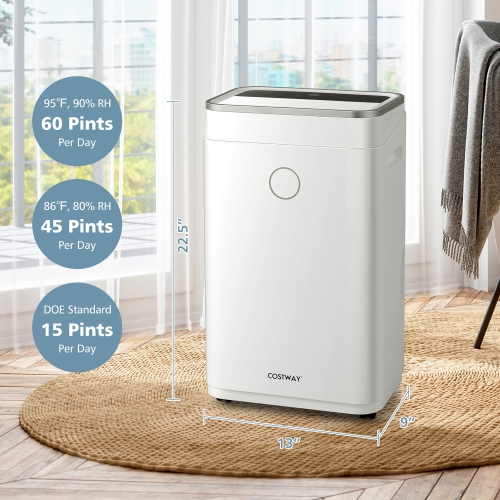 Costway 60-Pint Dehumidifier for Home & Basements 4000 Sq. Ft w/ 3-Color Digital Display