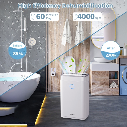 Costway 60-Pint Dehumidifier for Home & Basements 4000 Sq. Ft w/ 3-Color Digital Display