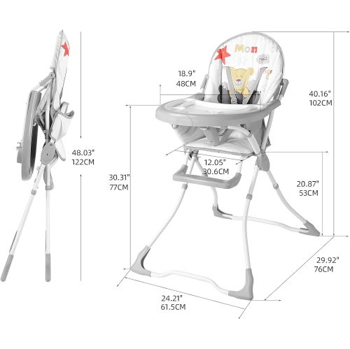 Folding Baby High Chair, Eat and Grow Dining Chair with 2 Removable Tray and 5 Point Safety Belt