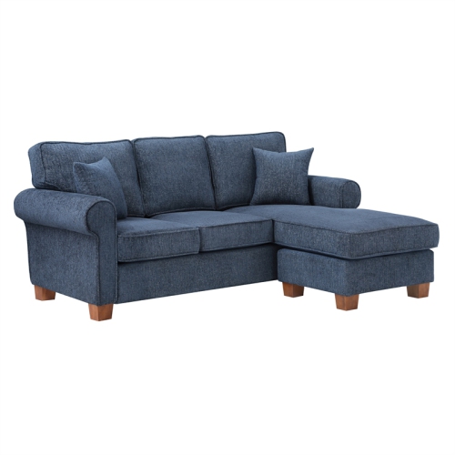 OSP HOME FURNISHINGS  Rylee Rolled Arm Sectional In Fabric With Pillows And Coffee Legs In Navy