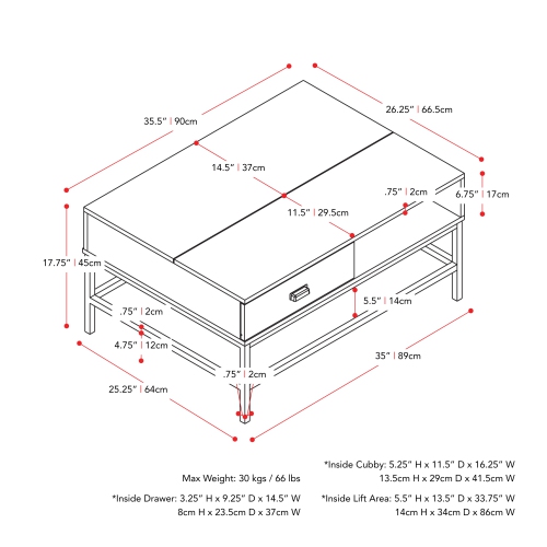 CorLiving LFF-270-C Fort Worth Brown Wood Grain Finish Lift Top Coffee Table