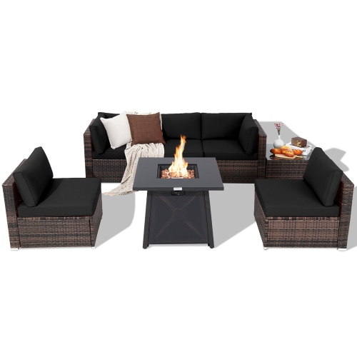 Costway 7PCS Patio Rattan Furniture Set Fire Pit Table Cover Cushion