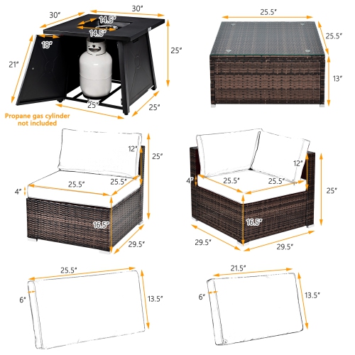 Costway 7PCS Patio Rattan Furniture Set Fire Pit Table Cover Cushion