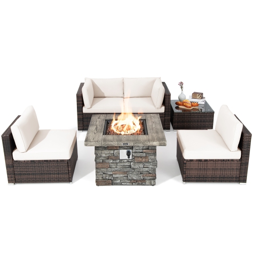 Costway 6 PCS Patio Wicker Furniture Set 34.5" Fire Pit Table W/Cover