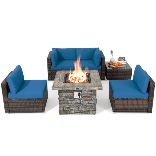 Costway 6 PCS Patio Wicker Furniture Set 34.5" Fire Pit Table W/Cover