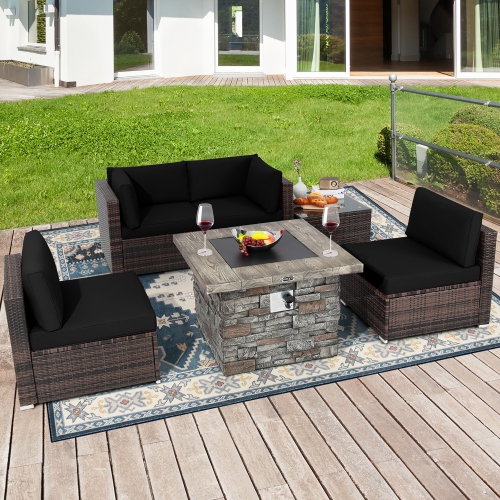 Costway 6 PCS Patio Wicker Furniture Set 34.5" Fire Pit Table W/Cover