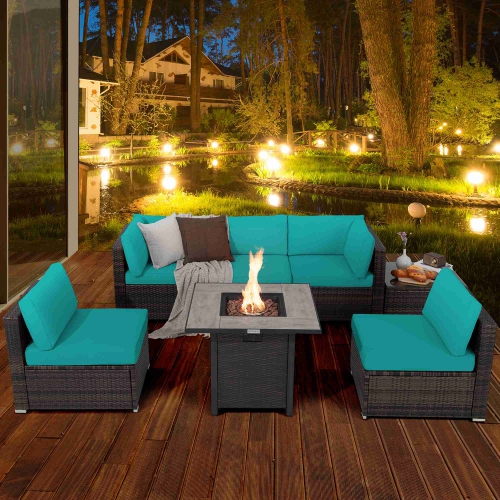Costway 7PCS Patio Rattan Furniture Set 30" Fire Pit Table Cover Cushion Sofa