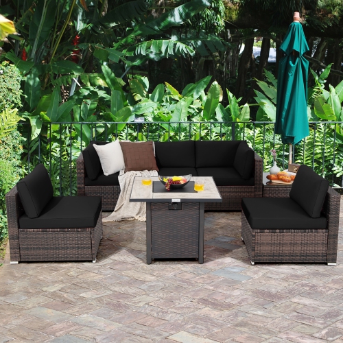 COSTWAY  7PCs Patio Rattan Furniture Set 30" Fire Pit Table Cover Cushion Sofa