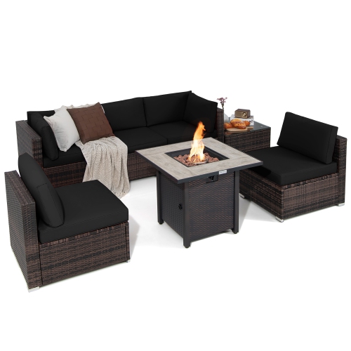 Costway 7PCS Patio Rattan Furniture Set 30" Fire Pit Table Cover Cushion Sofa