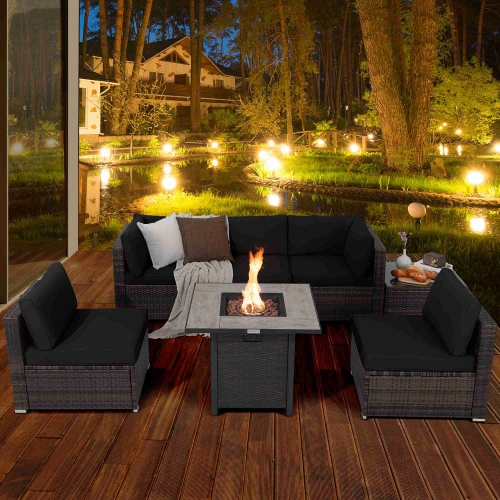 Costway 7PCS Patio Rattan Furniture Set 30" Fire Pit Table Cover Cushion Sofa