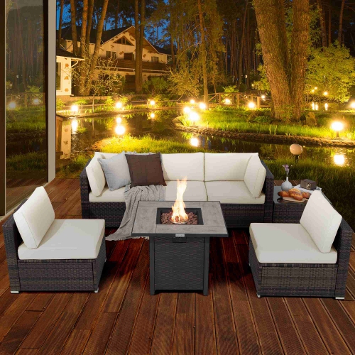 Costway 7PCS Patio Rattan Furniture Set 30" Fire Pit Table Cover Cushion Sofa
