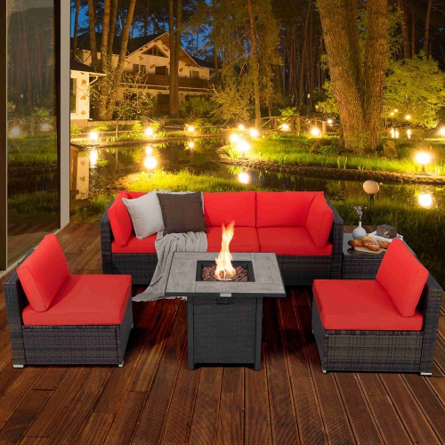 Costway 7PCS Patio Rattan Furniture Set 30" Fire Pit Table Cover Cushion Sofa