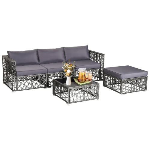 Costway 5 Pieces Patio PE Rattan Wicker Sofa Furniture Set Cushioned Outdoor Grey