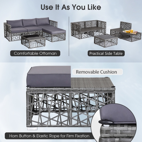 Costway 5 Pieces Patio PE Rattan Wicker Sofa Furniture Set Cushioned Outdoor Grey