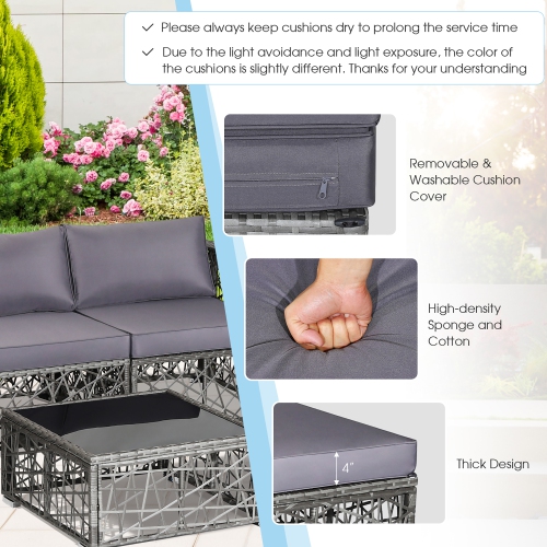 Costway 5 Pieces Patio PE Rattan Wicker Sofa Furniture Set Cushioned Outdoor Grey