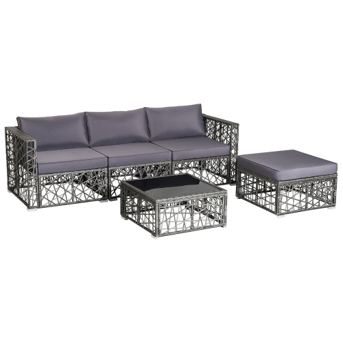 Costway 5 Pieces Patio PE Rattan Wicker Sofa Furniture Set Cushioned Outdoor Grey