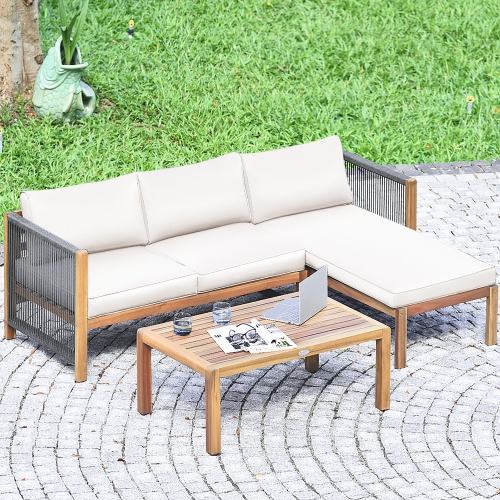 Costway 3PCS Patio Acacia Wood Sofa Furniture Set Thick Cushion W/Nylon Rope Armrest