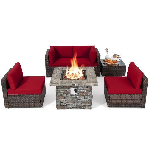 Costway 6 PCS Patio Wicker Furniture Set 34.5" Fire Pit Table W/Cover