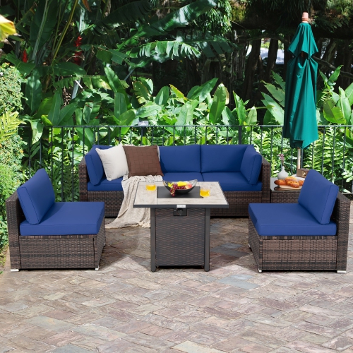 Costway 7PCS Patio Rattan Furniture Set 30" Fire Pit Table Cover Cushion Sofa