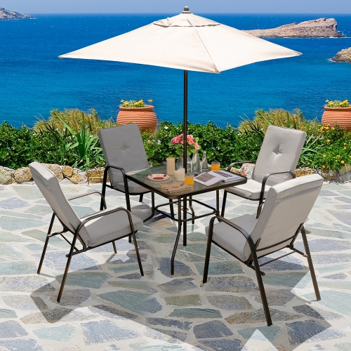 Costway 5pcs Patio Dining Set 4 Stackable Chairs Cushioned Square Glass Table