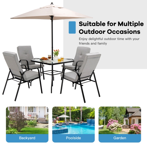 Costway 5pcs Patio Dining Set 4 Stackable Chairs Cushioned Square Glass Table
