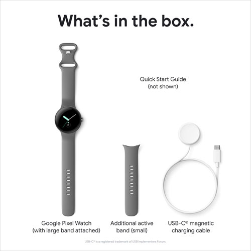 TELUS Google Pixel Watch 40mm Silver Stainless Steel Case w/ Charcoal Active Band - Monthly Financing