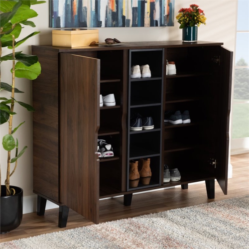 Pemberly Row Two-Tone Wood 2-Door Shoe Cabinet in Walnut Brown and Gray