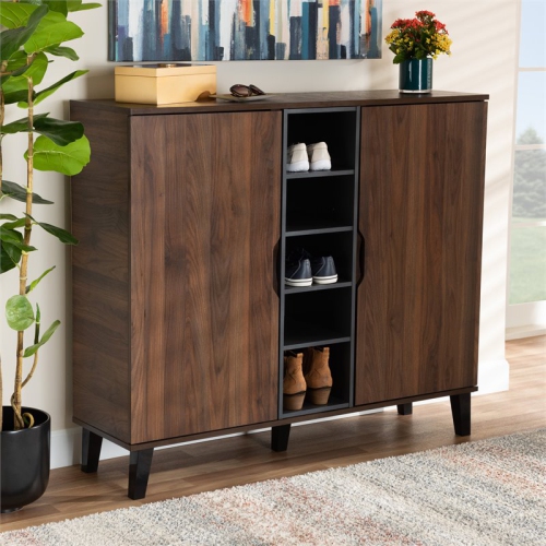 Baxton Studio Two-Tone Walnut Brown and Grey Finished Wood 2-Door Shoe Cabinet