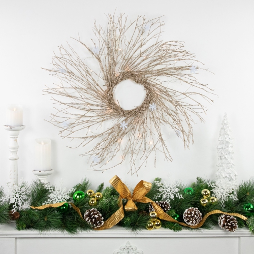 Pre-lit Glittered Twig and Snowflake Christmas Wreath - 28" - Warm White LED Lights