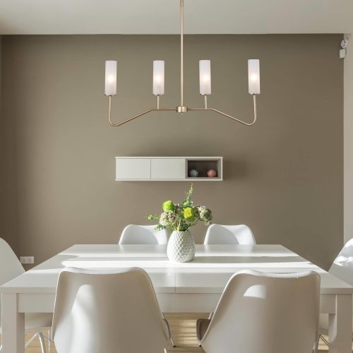 Modern 4-Light 32" Linear Gold Chandelier with Frosted Glass for Kitchen Island