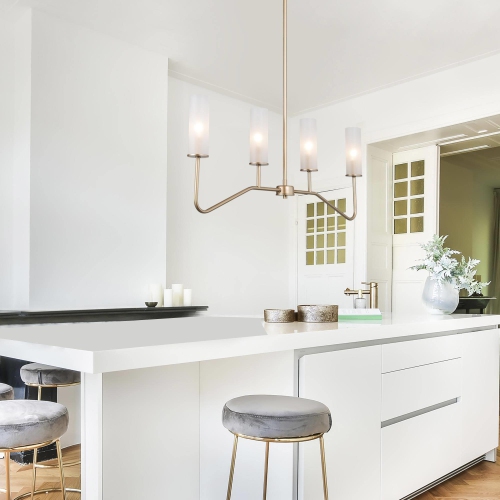 Modern 4-Light 32" Linear Gold Chandelier with Frosted Glass for Kitchen Island