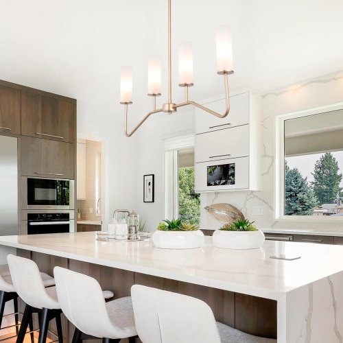 Modern 4-Light 32" Linear Gold Chandelier with Frosted Glass for Kitchen Island