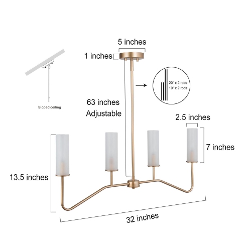 Modern 4-Light 32" Linear Gold Chandelier with Frosted Glass for Kitchen Island