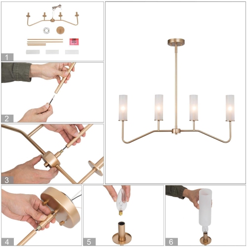 Modern 4-Light 32" Linear Gold Chandelier with Frosted Glass for Kitchen Island