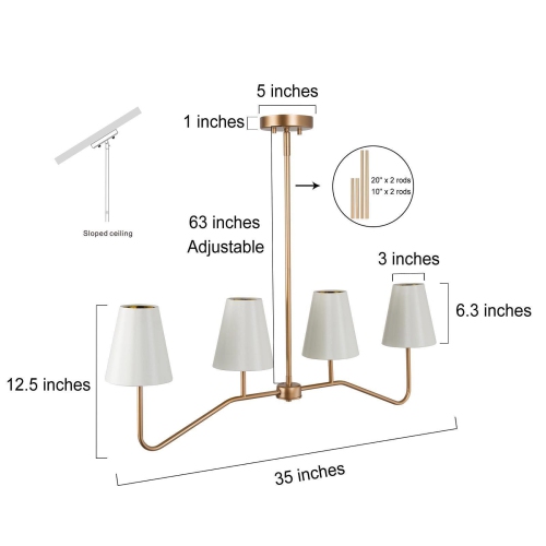 Modern 4-Light Gold Chandelier Linear Island Lighting with Fabric Shades