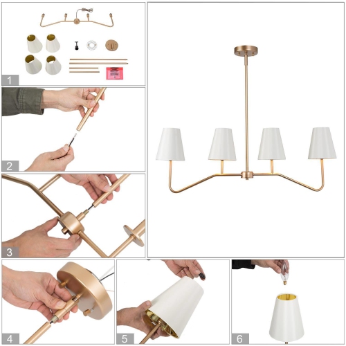 Modern 4-Light Gold Chandelier Linear Island Lighting with Fabric Shades