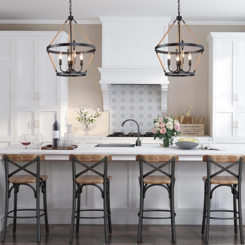 Lustre industriel champêtre à 4 lumières en forme de roue de chariot avec corde de chanvre