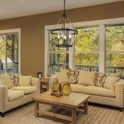 Lustre industriel champêtre à 4 lumières en forme de roue de chariot avec corde de chanvre