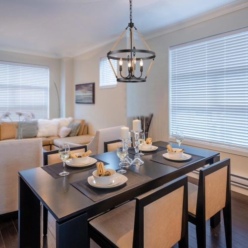 Lustre industriel champêtre à 4 lumières en forme de roue de chariot avec corde de chanvre