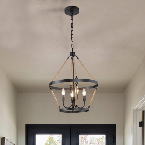 Lustre industriel champêtre à 4 lumières en forme de roue de chariot avec corde de chanvre