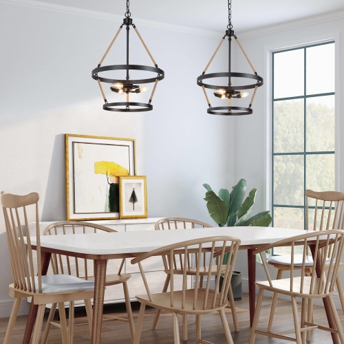 Modern Farmhouse 3-Light Wagon Wheel Hemp Rope Chandelier