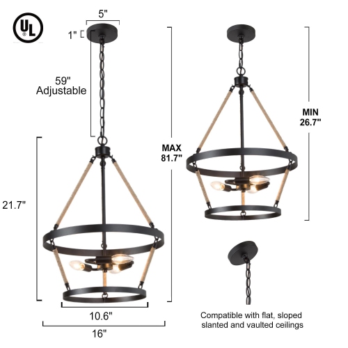 Modern Farmhouse 3-Light Wagon Wheel Hemp Rope Chandelier