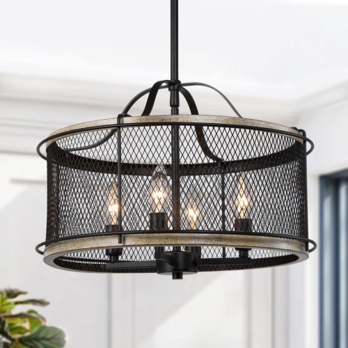 LNC  4-Light Modern Drum Chandelier for Dining Room With Mesh Metal Shade