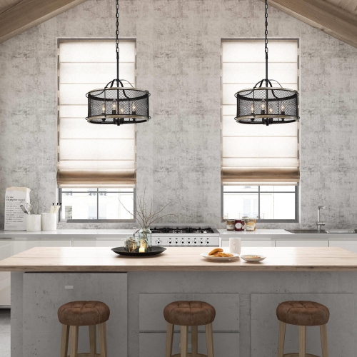 4-Light Modern Drum Chandelier for Dining Room with Mesh Metal Shade