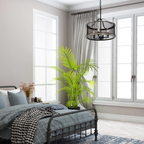 4-Light Modern Drum Chandelier for Dining Room with Mesh Metal Shade