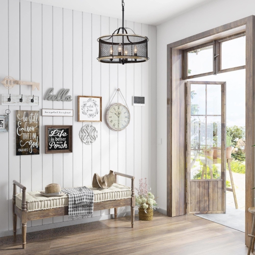 4-Light Modern Drum Chandelier for Dining Room with Mesh Metal Shade