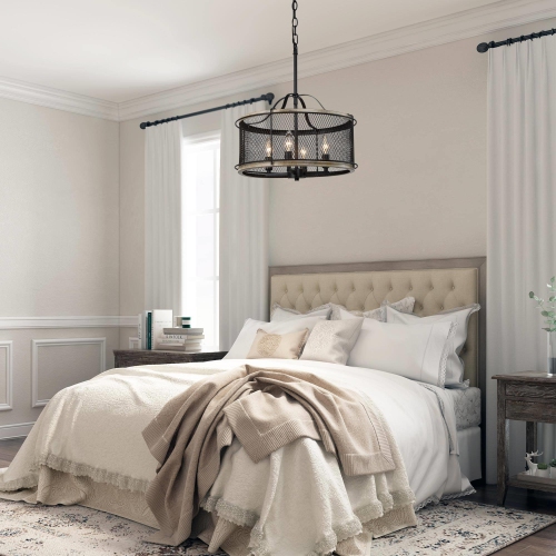 4-Light Modern Drum Chandelier for Dining Room with Mesh Metal Shade