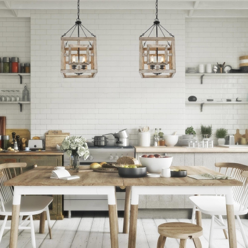 Farmhouse 4-Light Wood Square Chandelier for Dining Room