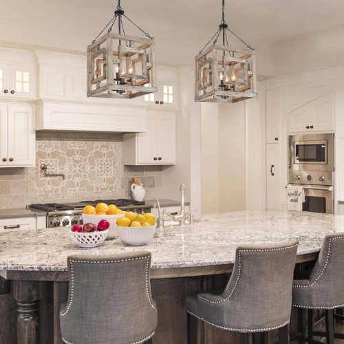 Farmhouse 4-Light Wood Square Chandelier for Dining Room